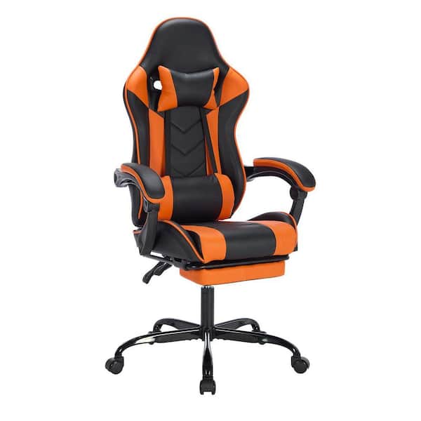 Leather Seat Reclining Ergonomic PC Gaming Chair in Orange with Massage Footrest Comfortable Headrest and Lumbar Support