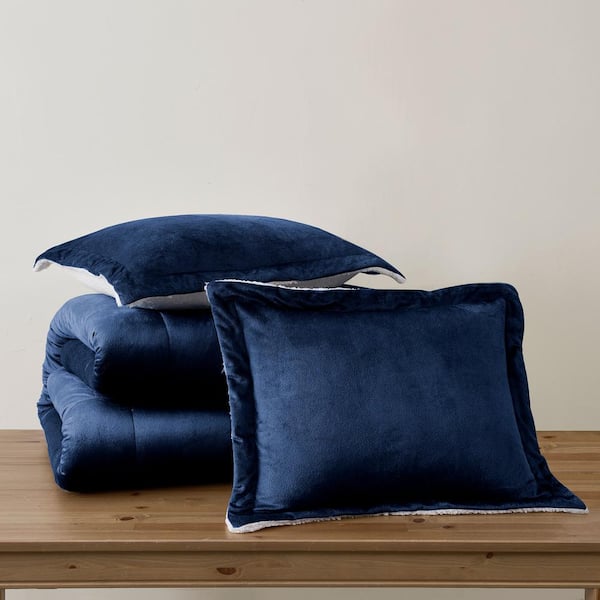 swift home Premium Cold Weather 3-Piece Navy Reversible Polyester Micromini and Sherpa Twin Comforter Set