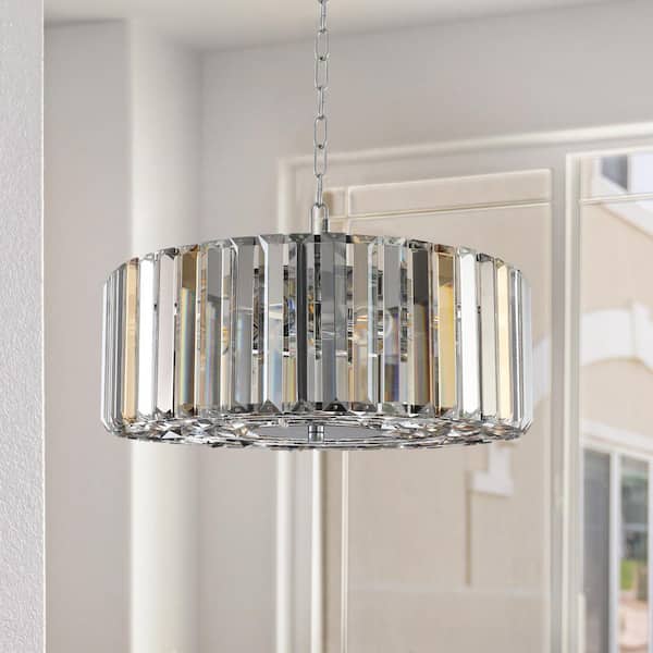 Lioraen 17 in. 4-Light Chrome Nickel Crystal Pendant Chandelier, Adjustable Height For Living Room, Dining Room, Kitchen