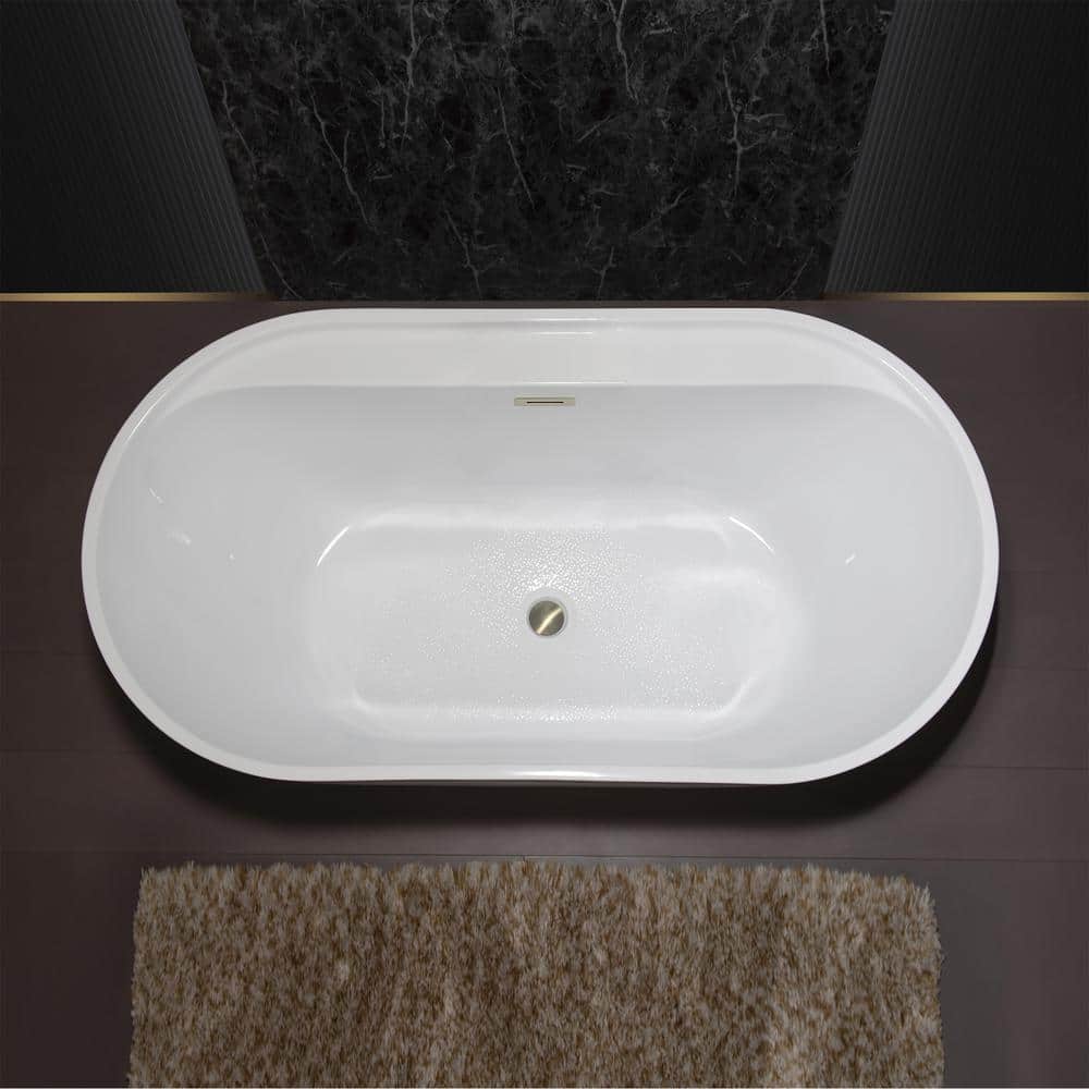 59" White Acrylic Freestanding Soaking Bathtub with Brushed Nickel Trim