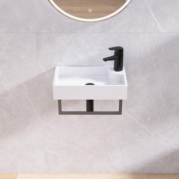 18 in. White Solid Surface Wall-Mounted Bathroom Vessel Sink with Towel Rack
