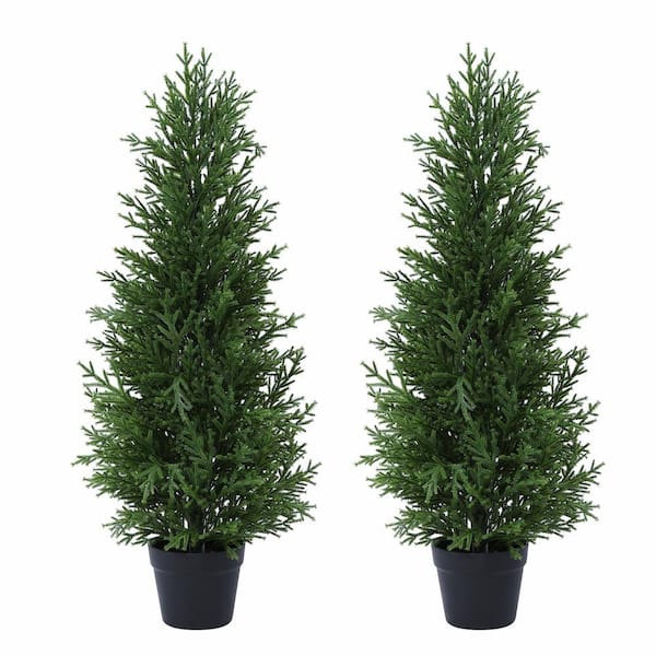 DR.Planzen 3 ft. Artificial Coral Cedar Tree, Realistic Indoor Decorative Faux Plant with Lifelike Branches and Leaves set of 2
