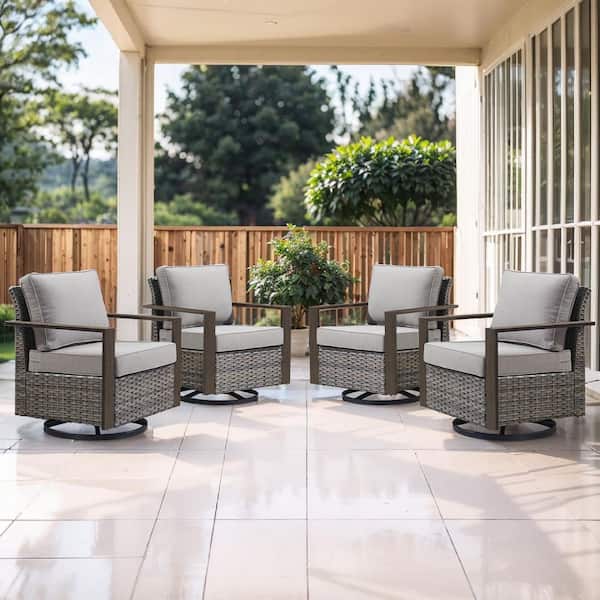 Linea Gray Swivel Glider Wicker Outdoor Rocking Chair with Gray Cushions and Square Metal Armrest (4-Piece)