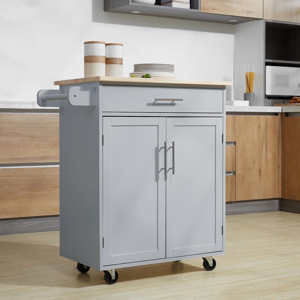 Grey Wood Rolling Kitchen Cart with Storage and Towel Rack