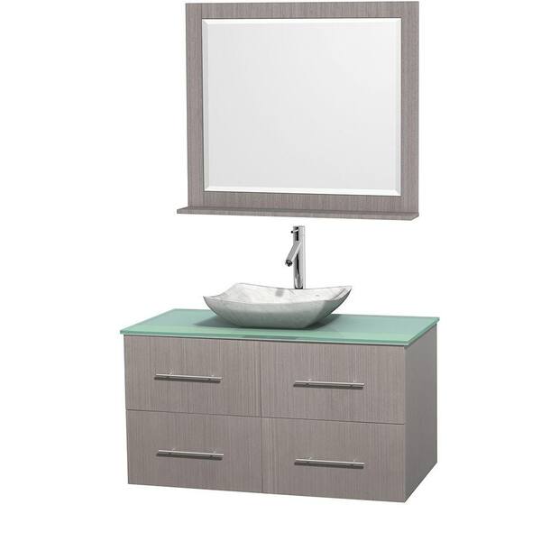 Wyndham Collection Centra 42 in. Vanity in Gray Oak with Glass Vanity Top in Green, Carrara White Marble Sink and 36 in. Mirror