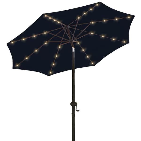 wikiwiki 9 ft. Solar LED Lighted Market Patio Umbrella with Crank and Tilt in Navy Blue