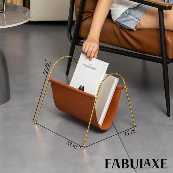 FABULAXE 12 in Gold-Tone Metal Frame with Brown Leatherette Magazine Holder for Living Rooms, Home Offices, for magazines