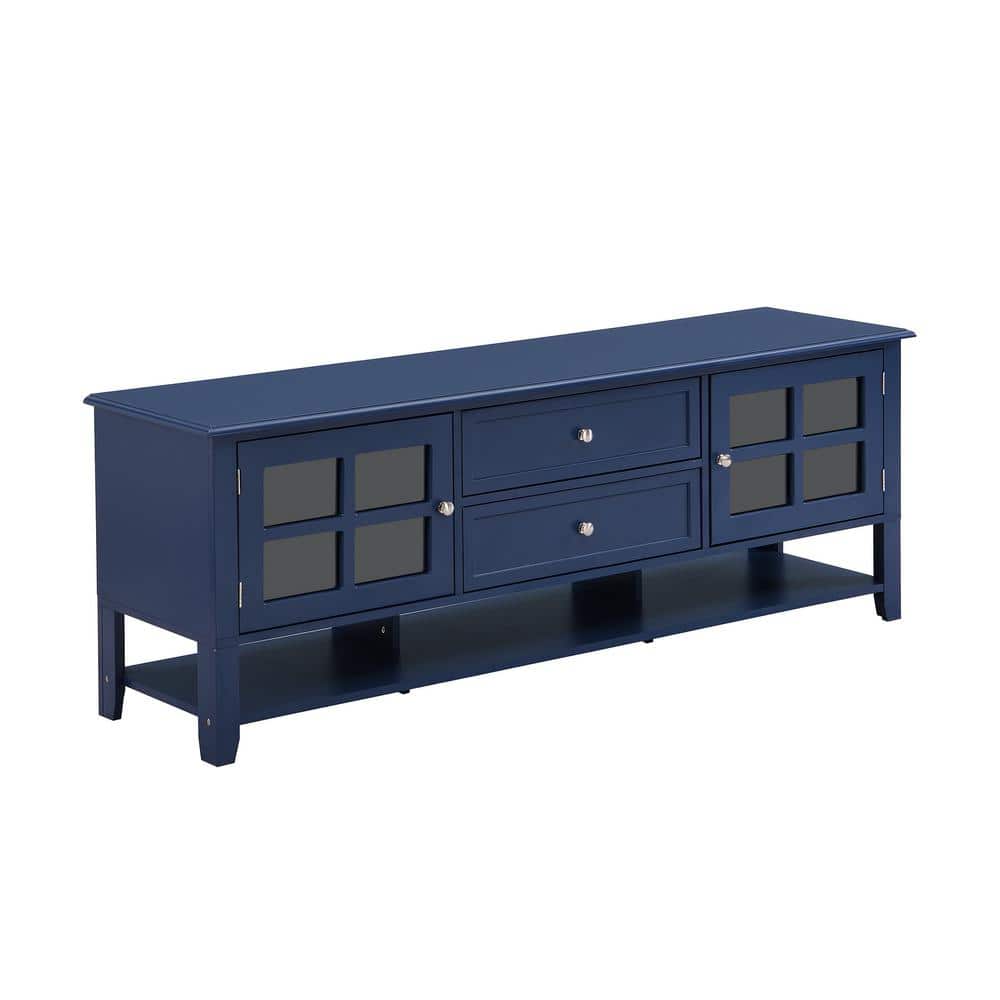 59.1 in. W x 15.7 in. D x 21.7 in. H Blue Linen Cabinet with 2 Glass Doors and TV Stand Fits TV's up to 60 in