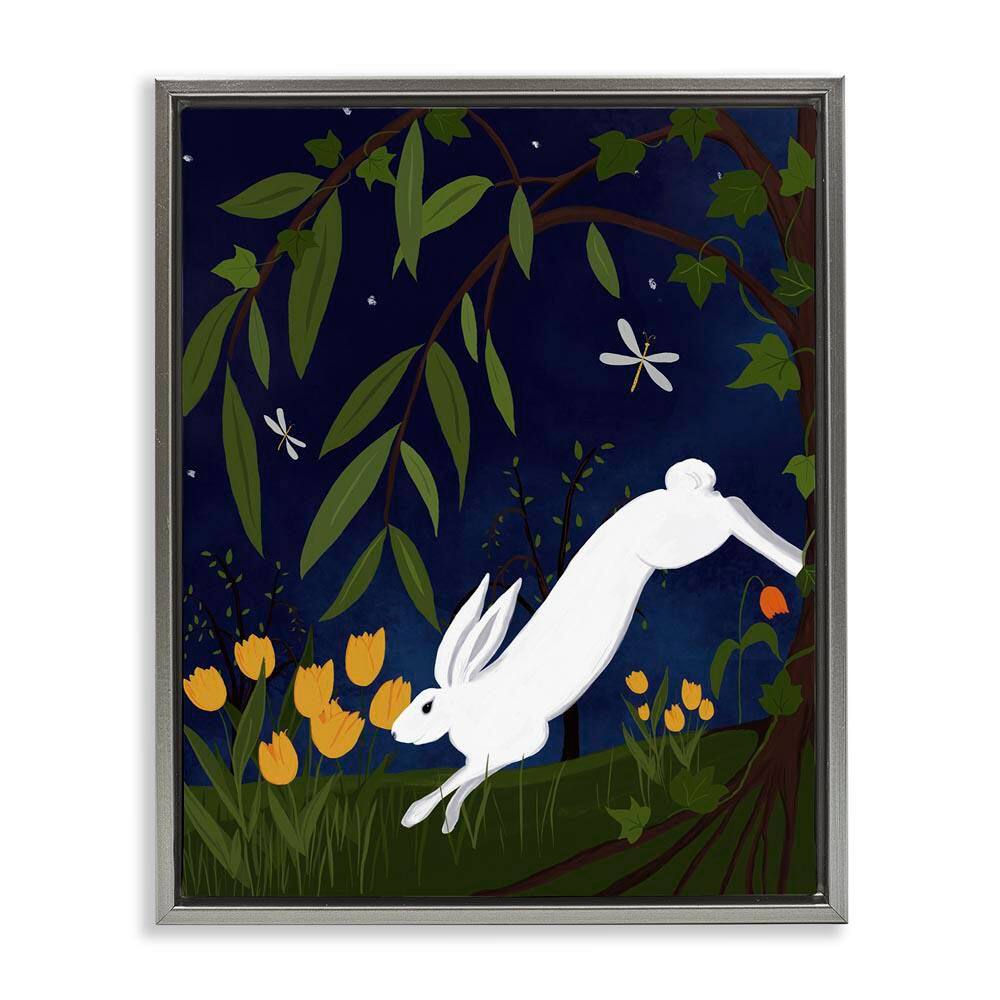 Hare in Night Forest by Michelle Ingari Designs Gray Floater Frame Animal Graphic Art Print 21 in. x 17 in.