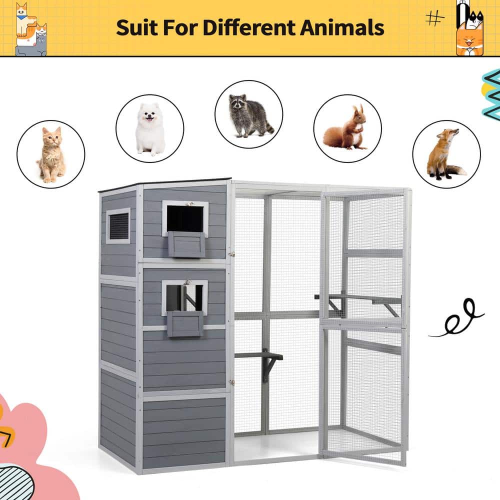 Large Gray Wood Outdoor Cat Enclosure with Mesh Panels