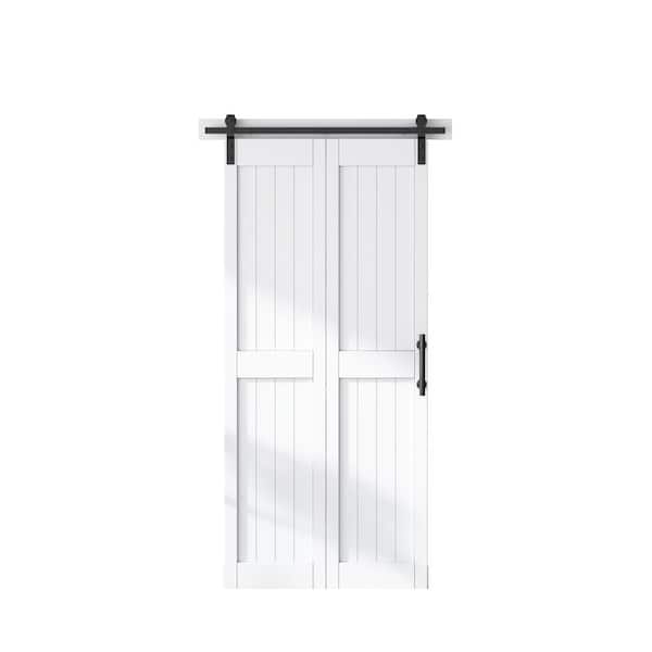 SANDING 36 in. x 84 in. MDF Bi-Fold Barn Door with Hardware Kit, Covered with Water-Proof PVC Surface, White, H-Frame