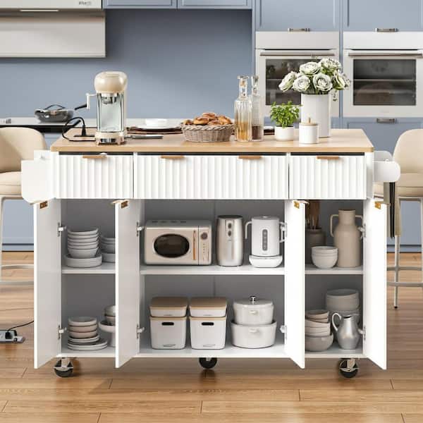 Farmhouse White Wood 55.5 in. Power Outlet Drop Leaf Curved Edge Storage Kitchen Island with 4-Door and 3-Drawer