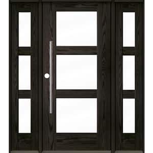 Faux Pivot 64 in. x 80 in. Right-Hand/Inswing 3-Lite Clear Glass Baby Grand Stain Fiberglass Prehung Front Door with DSL