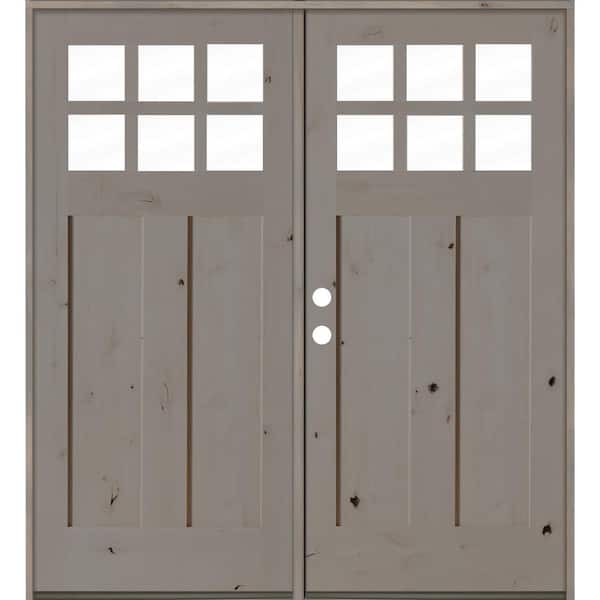 Krosswood Doors 64 in. x 80 in. Craftsman Knotty Alder Right-Hand/Inswing Double 6-Lite Clear Glass Grey Stain Wood Prehung Front Door