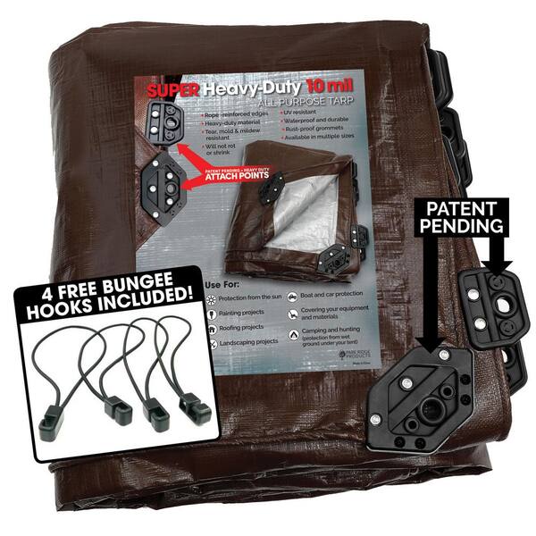 TAFCO PRODUCTS 20 ft. x 30 ft. Super Corner Heavy-Duty Brown/Silver Reversible Poly 10 mil Tarp Kit Include 4-Free Bungee Hook Tie Down