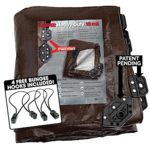 8 ft. x 10 ft. Super Corner Heavy-Duty Brown/Silver Reversible Poly 10 mil Tarp Kit Include 4-Free Bungee Hook Tie Downs