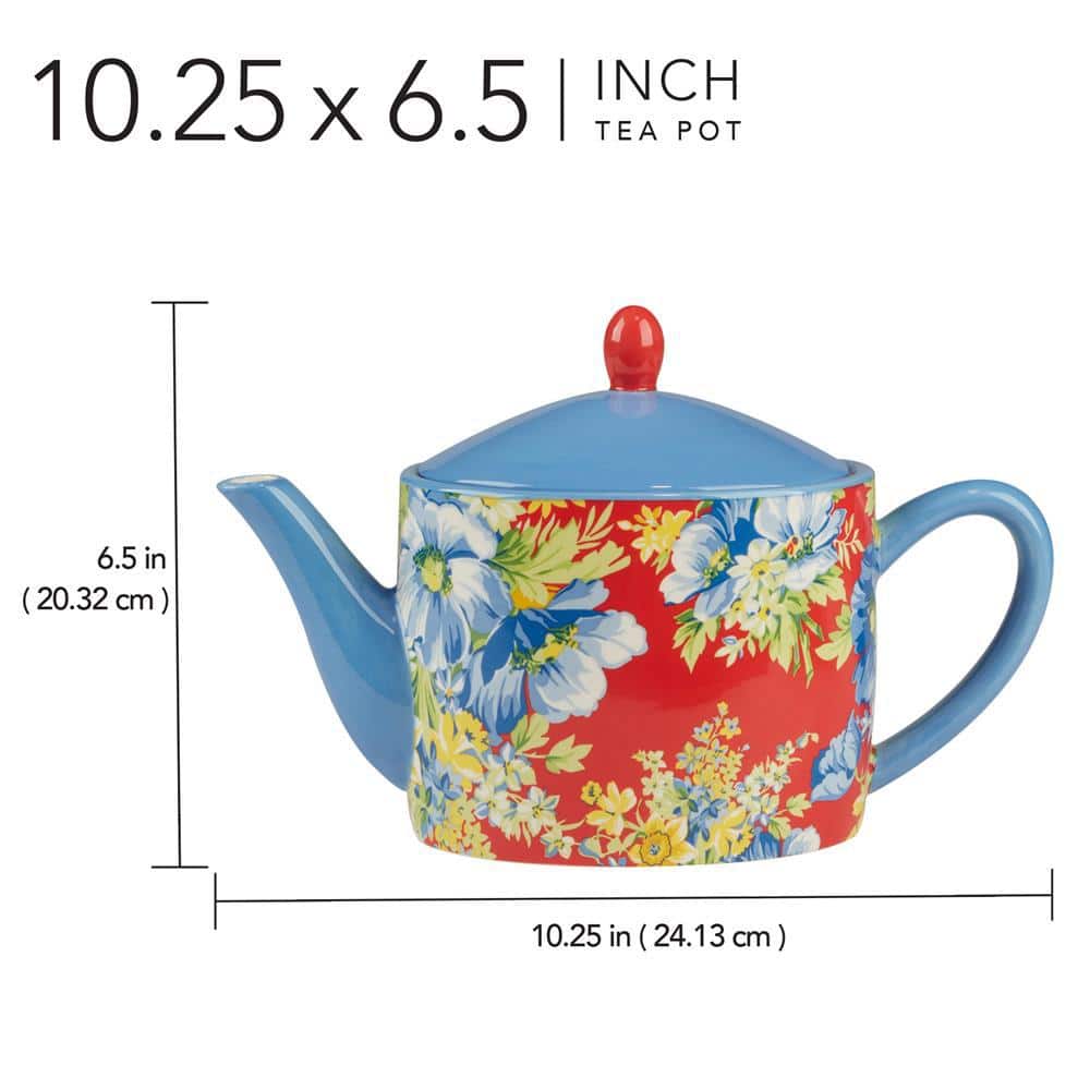 Multicolor Floral Earthenware Teapot with Blue Lid