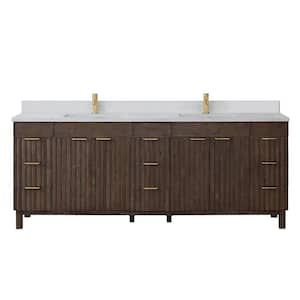 Palos 84 in. W x 22 in. D x 33.9 in. H Double Sink Bath Vanity in Spruce Antique Brown with White GRain Stone Top
