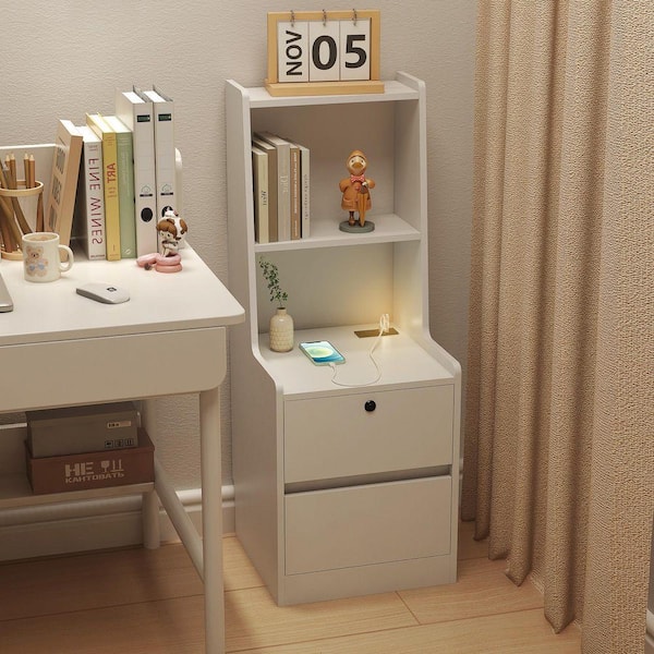 White MDF Smart Nightstand Bedside Tables with Charging Station