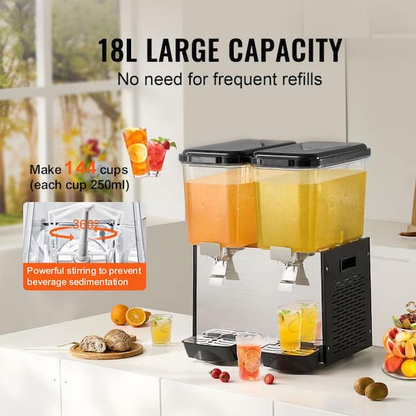 Commercial Beverage Dispenser, 2 Tanks 18 L Each, 370-Watt Stainless Steel, 45°F-54°F Cooling, for Restaurant Bar Party