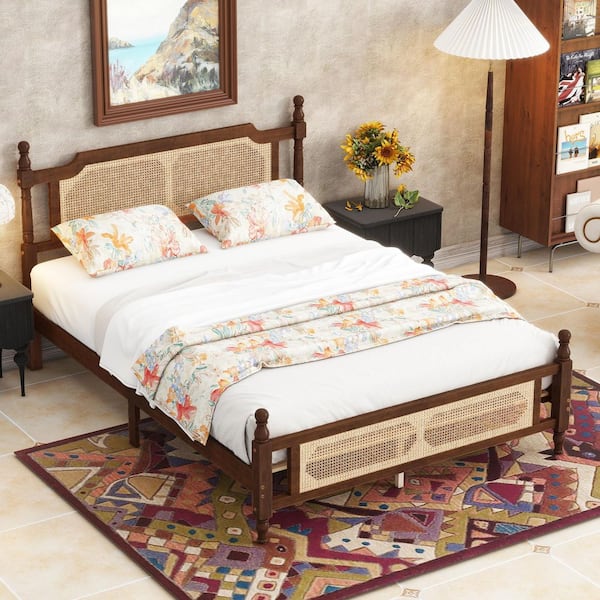 Walnut Light Brown Wood Frame Queen Size Platform Bed with Rattan Headboard and Footboard