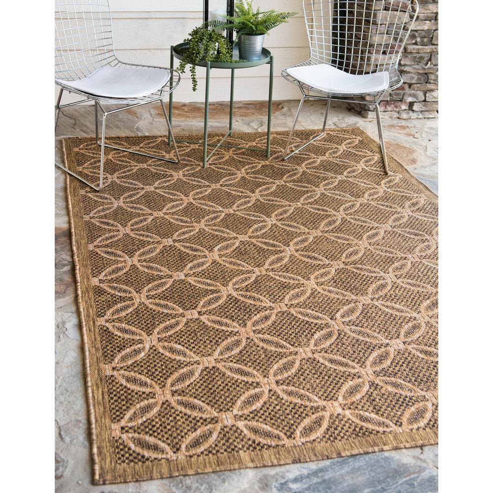 Ivory and Brown Synthetic Flat Woven Reversible Outdoor Rug