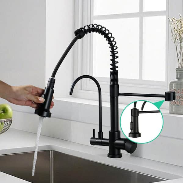 17.5 in. Double Handle Pull Down Spray Kitchen Faucet with Drinking Water Filter, 360° Spout Swivel in Matte Black