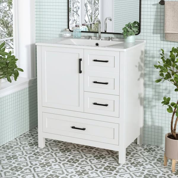 30 in. White Bath Vanity with Ceramic Top Sink Combination Set Soft Close Door, 3 Soft Close Drawers and Removable Tray