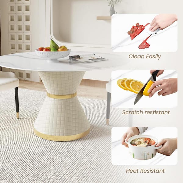 53 in. White Sintered Stone Round Top Pedestal White Metal Base Dining Table (Seats 6)