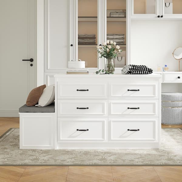 White 12-Drawer 61.9 in. Dresser with Flip-Top Storage Bench, Gray Cushion, and Large Capacity for Closet Organization