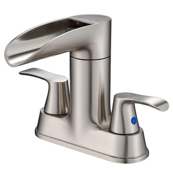 Zalerock Waterfall 4 in. Centerset Double Handle 360-Degree rotation Bathroom Faucet with Drain kit Included in Brushed Nickel