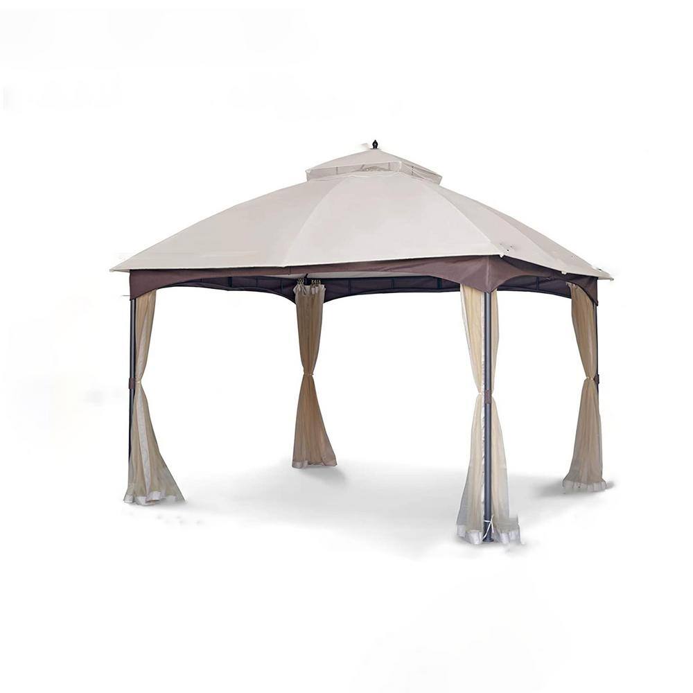 10 ft. x 12 ft. Beige Heavy Duty Metal Gazebo with Double Roof Canopy, Mosq