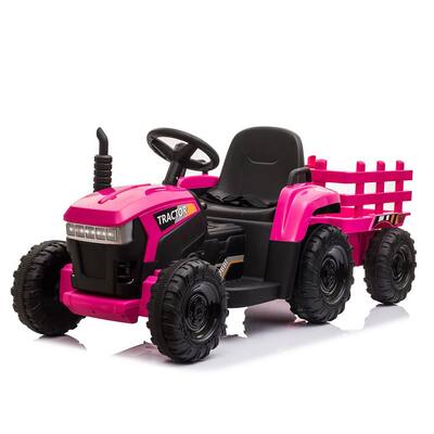 12-Volt Kids Ride-On Tractor Car Rechargeable Battery Powered Truck with Trailer/LED Lights/USB and Bluetooth, Pink