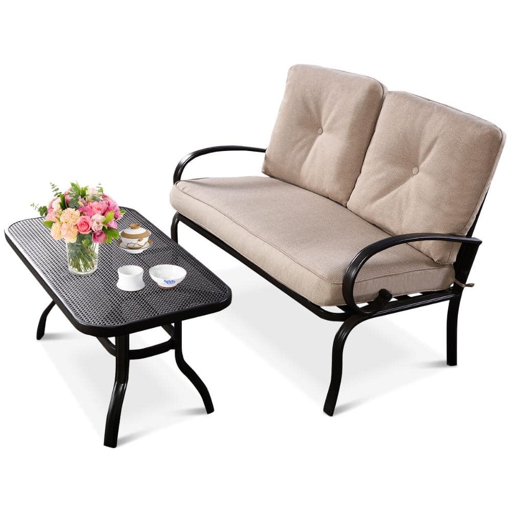 2-Piece Steel Patio Loveseat Set with Beige Cushioned Seat and Matching Rectangle Coffee Table price history on PriceWatchPro