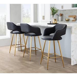 Margarite 25.25 in. Black Faux Leather and Gold Metal Fixed-Height Counter Stool with Square Footrest (Set of 2)