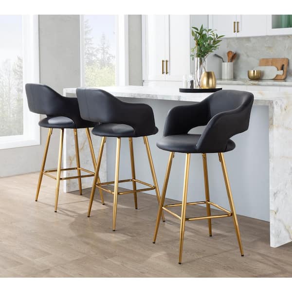 LumiSource Margarite 25.25 in. Black Faux Leather and Gold Metal Fixed-Height Counter Stool with Square Footrest (Set of 2)