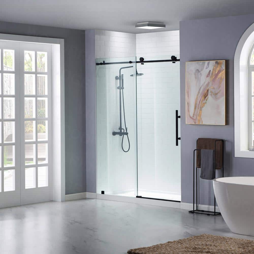 Matte Black Frameless Sliding Shower Door with Clear Tempered Glass