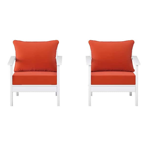 Birchwood White Outdoor Patio (Set of 2) Deep Seating HDPE Lounge Chairs w/ Orange Cushions