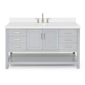 Magnolia 61 in. W x 22 in. D x 36 in. H Bath Vanity in Grey with Pure Quartz Vanity Top in White with White Basin