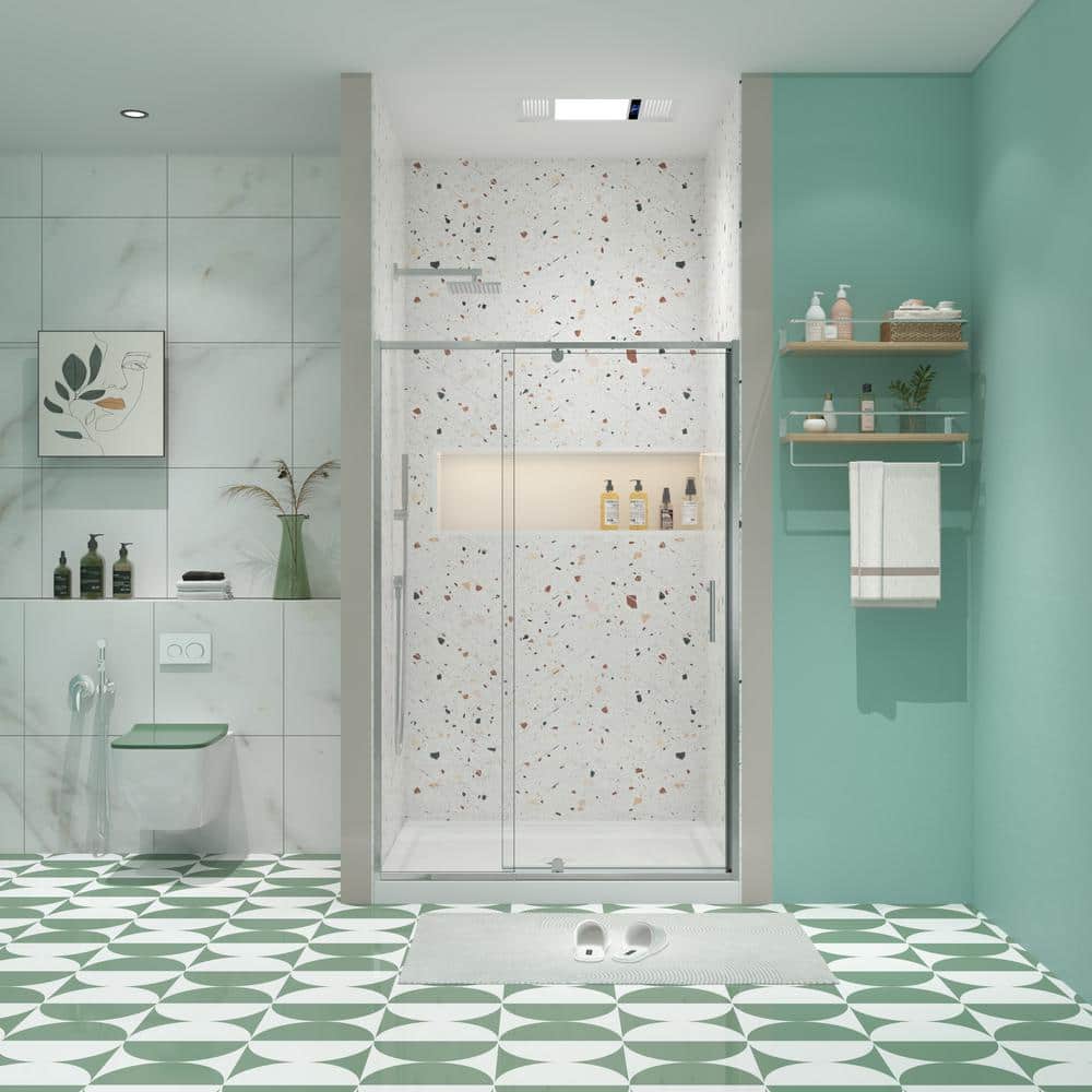 48 in. W x 71 in. H Pivot Framed Shower Door in Chrome Finish with Clear Te