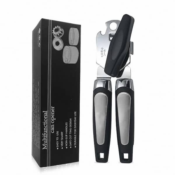 Manual Heavy Duty Stainless Steel Can Opener with Comfortable Handle and Built-In Bottle Opener, Smooth Edge