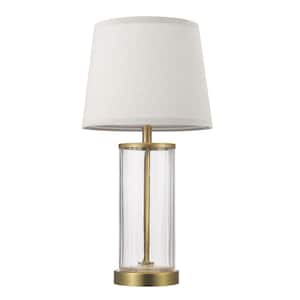 20 in. Fillable Ribbed Glass Table Lamp with Matte Brass Accents and Beige Linen Shade