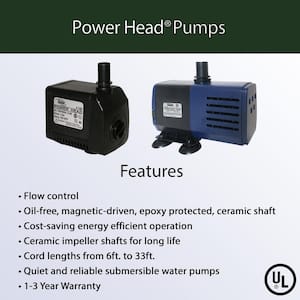 Outdoor Decor Power Head Pump 65 GPH for Large Fountains, Ponds, and Birdbaths