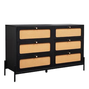 47 in. W x 15.7 in. D x 30 in. H 6-Drawer Rattan Storage Cabinet in Black, Ready to Assemble Rattan Dresser Cabinet