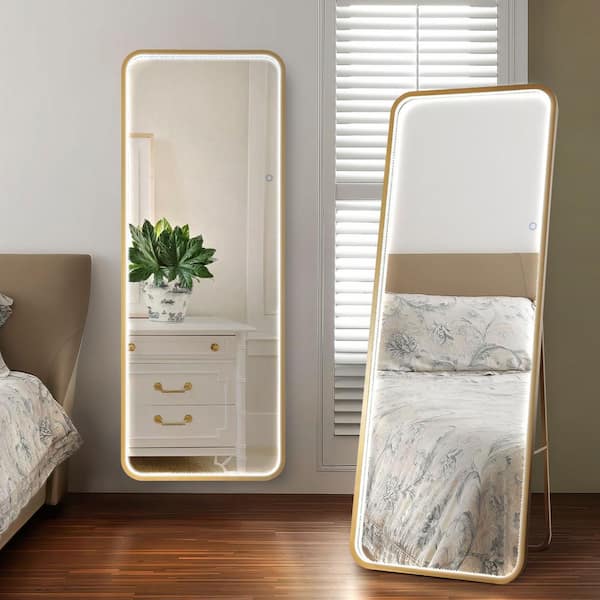 JONATHAN Y Tatum 65 in. H x 24 in. W Crystal Rectangle Metal Framed Antifog Lit Wall/Floor Mirror with Smart Touch, Gold Painting