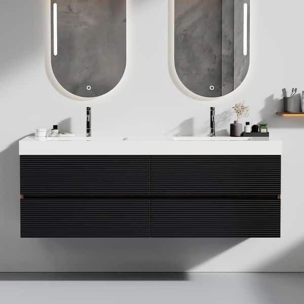 60 in. Fully Assembled Double Sink Bath Vanity in Walnut with White Solid Surface Top
