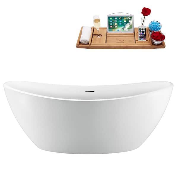 75 in. x 35 in. Acrylic Freestanding Soaking Bathtub in Glossy White with Brushed Brass Drain