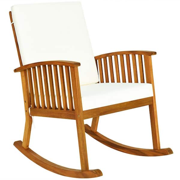 SUNRINX Acacia Wood Outdoor Rocking Chair with White Cushions