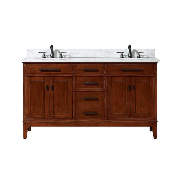 Avanity Madison 61 in. Double Sink Tobacco Bath Vanity with Carrara White Marble Top