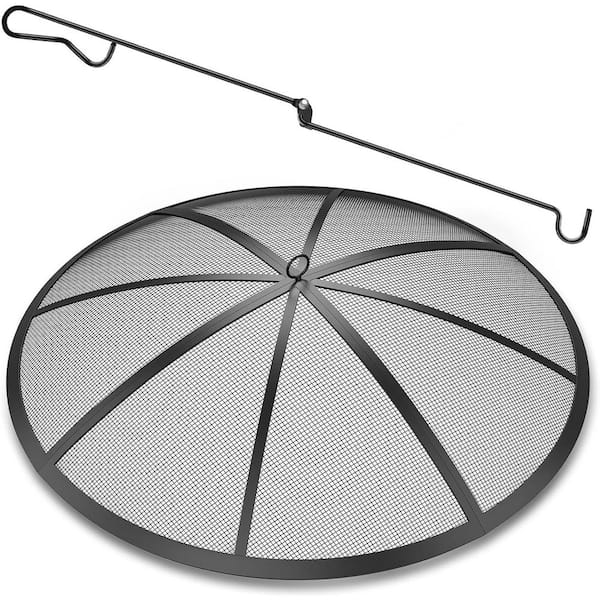 Misopily 27 in. Fire Pit Spark Screen Round Cover with Handle, Poker and 12 Reinforced Bars in Black